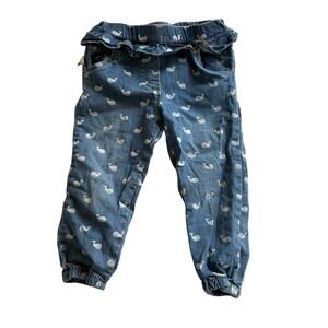 Boboli Girls Novelty Whale Print Denim Jogger Pants Ruffle Waist Pull On Jeans